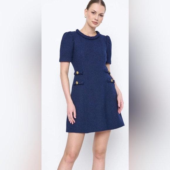 NEW FLORA BEA mini dress in meadowland Navy size LARGE TWEAD -collar round braid - Picture 1 of 8